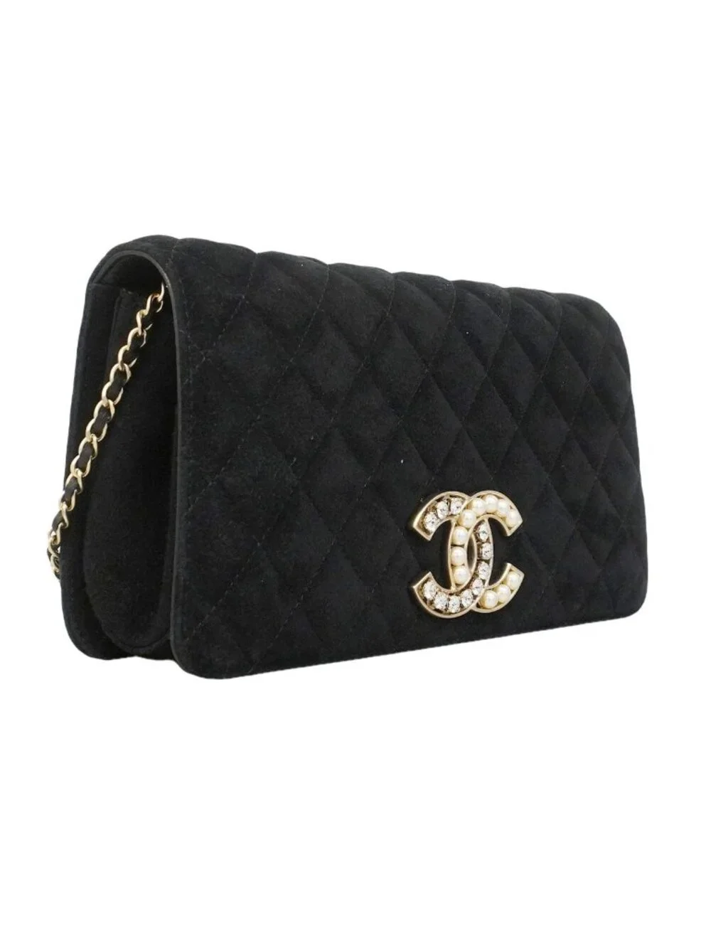 Chanel Shoulder Bag Quilted Suede Black Champagne Gold
